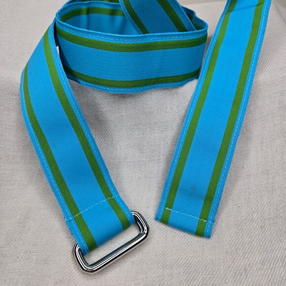 LANDS END Aqua Blue & Green Striped Grograin Ribbon Belt w/ Silver Rings Size XL - Picture 2 of 5